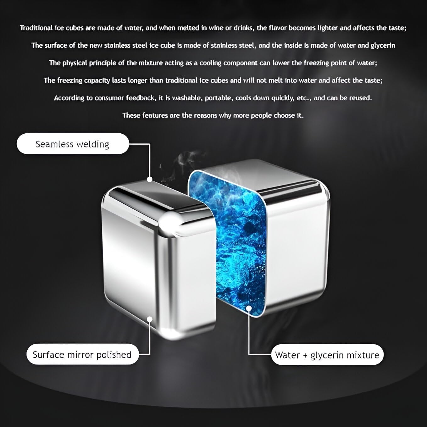 Stainless Steel Ice Cubes Pack of 8