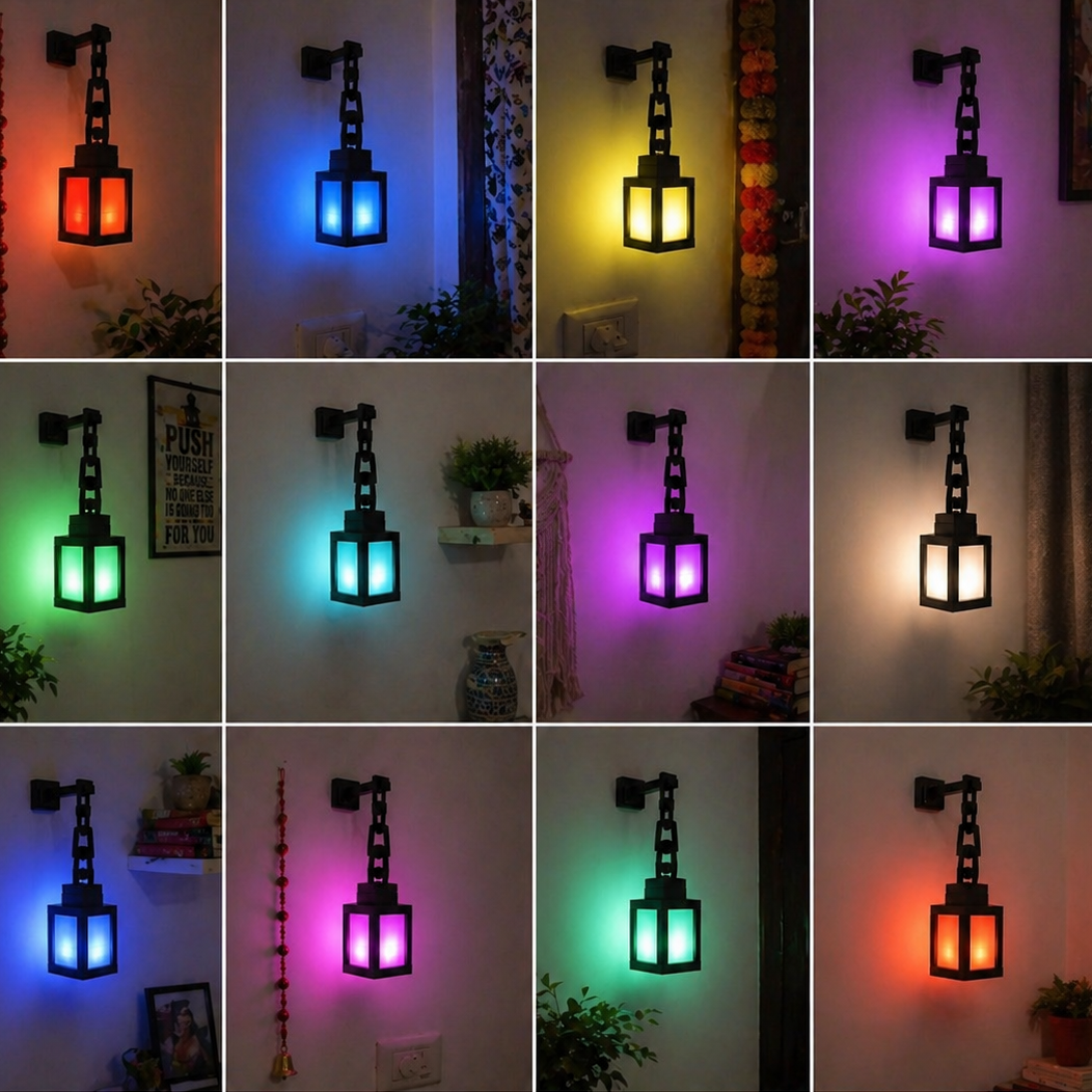 Wall-mounted light fixture changing colors in various indoor settings.