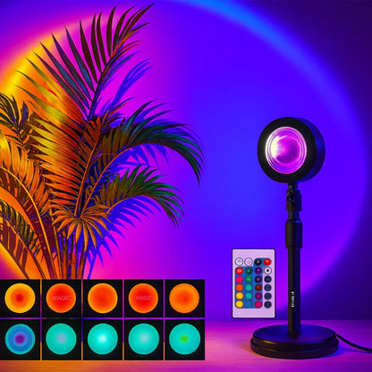 Colorful light fixture with remote control and palm plant on a dark background