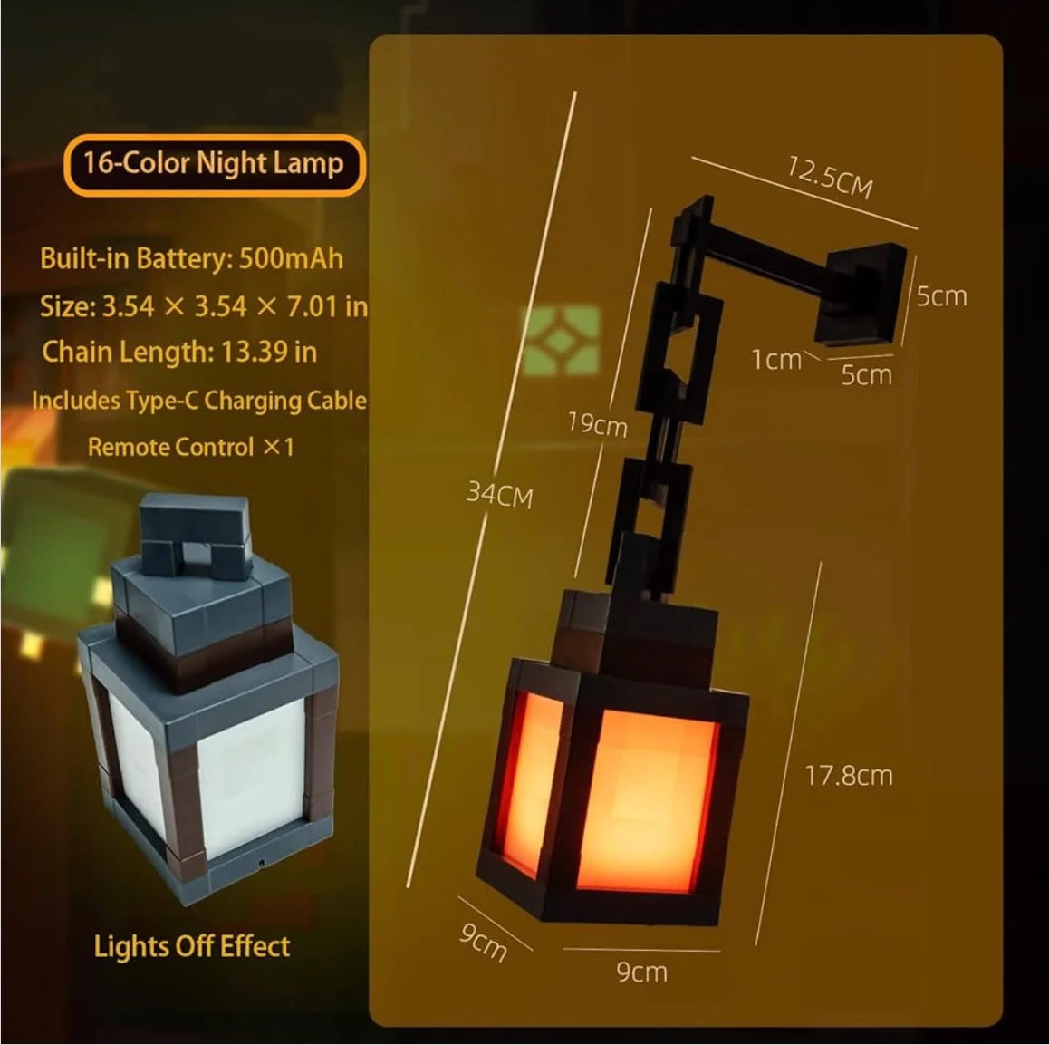 Minecraft Lantern Lamp (16-Color RGB Wall Light with Remote)