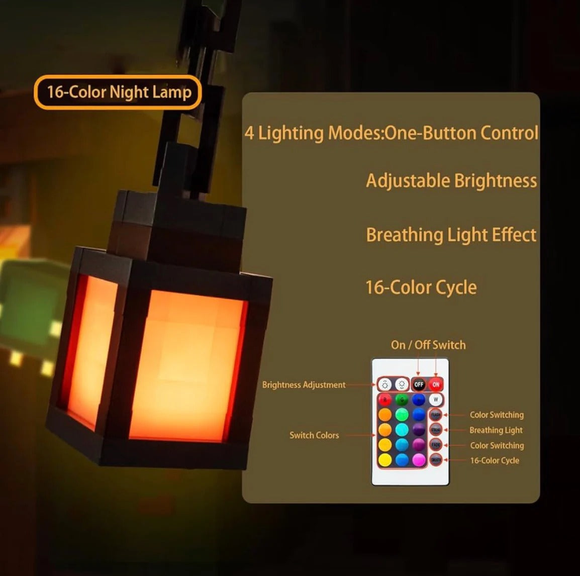 Minecraft Lantern Lamp (16-Color RGB Wall Light with Remote)