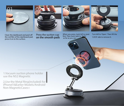 Instructions for using a dashboard phone holder with magnetic feature on a blue background.