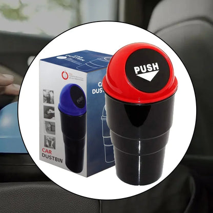 Car-mounted dustbin with red lid and 'PUSH' button, displayed in a car interior.