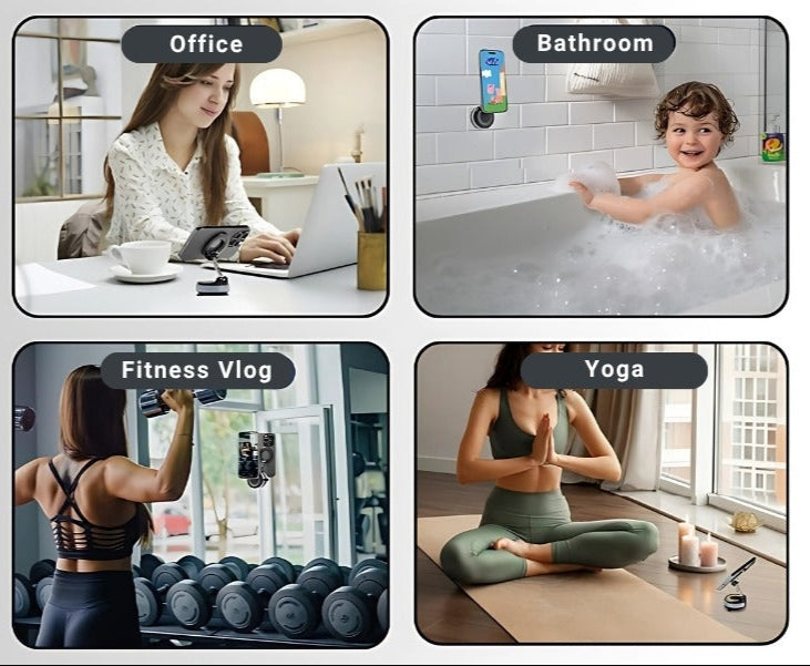 Various scenes showing a smartphone with a screen magnifier in different settings like car, makeup, office, bathroom, kitchen, watch video, fitness, and yoga.