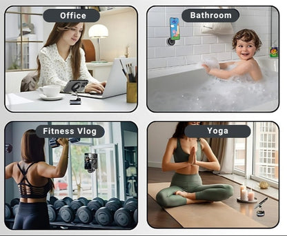 Various scenes showing a smartphone with a screen magnifier in different settings like car, makeup, office, bathroom, kitchen, watch video, fitness, and yoga.